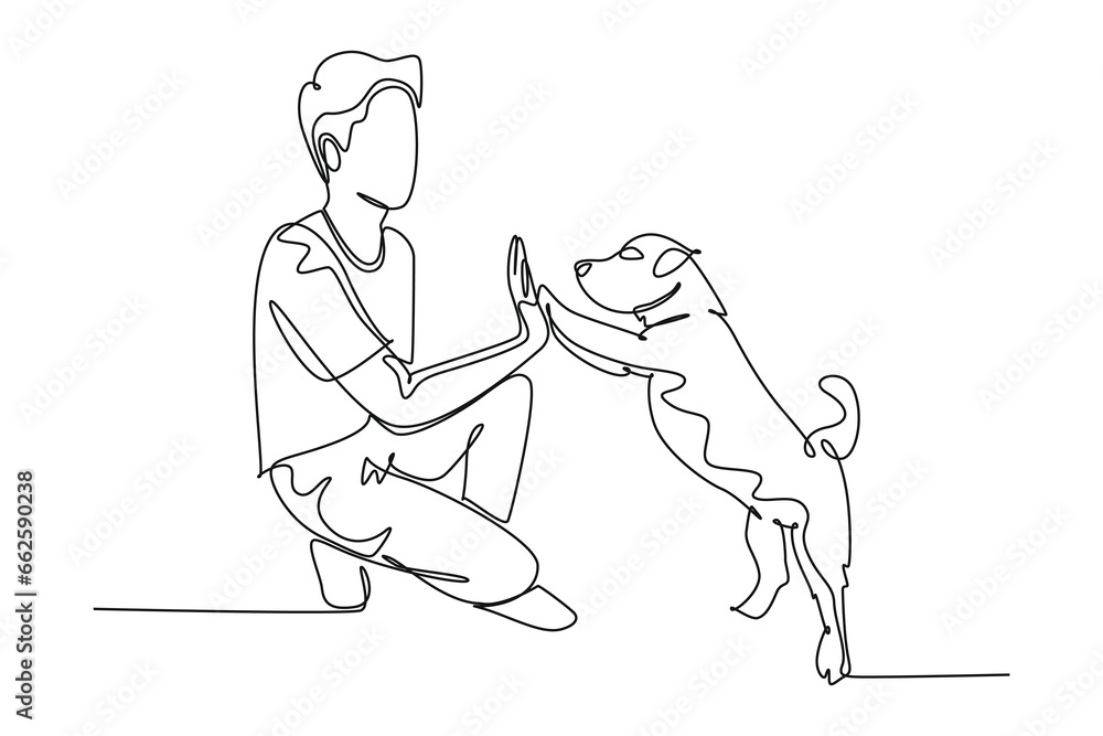 Single continuous line drawing of young happy boy giving high five gesture to his puppy dog at outfield park. Pet care and friendship concept. Dynamic one line draw graphic design vector illustration