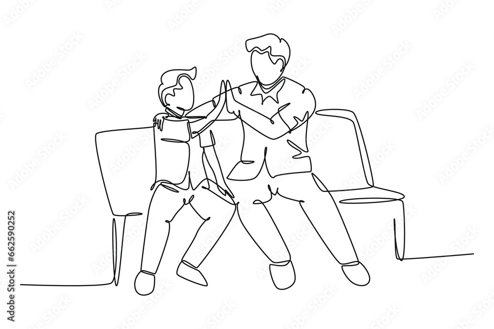 Single continuous line drawing young happy father sitting relax on wood bench next to his kid and giving high fives gesture. Parenting family concept. One line draw graphic design vector illustration Single continuous line drawing young happy father sitting relax on wood bench next to his kid and giving high fives gesture. Parenting family concept. One line draw graphic design vector illustration