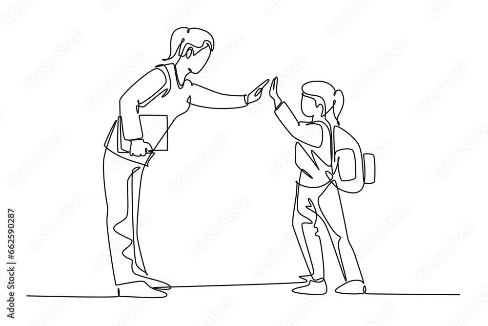 Single one line drawing female teacher meet one of her student at school and giving high five gesture. School education activity concept. Modern continuous line draw design graphic vector illustration Single one line drawing female teacher meet one of her student at school and giving high five gesture. School education activity concept. Modern continuous line draw design graphic vector illustration
