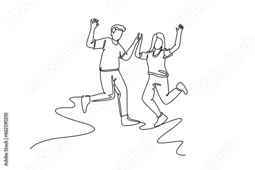 Single continuous line drawing young happy student couple jumping to celebrate their final exam result graduation together. Campus life education concept. One line graphic design vector illustration