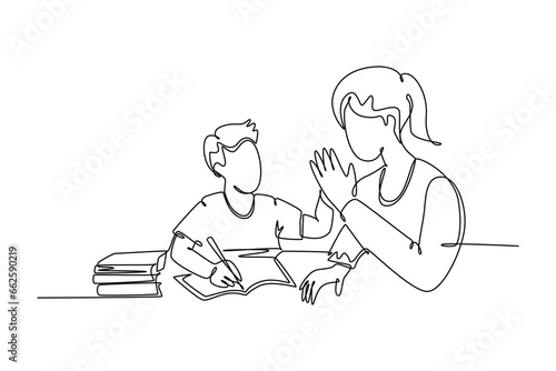 Single continuous line drawing young happy mother accompany her kid studying and reading a book while give high five gesture. Parenting family care concept. One line graphic design vector illustration