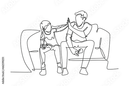 Continuous one line drawing of young happy father have fun playing console video game with his son on the couch together. Parenting family concept. Single line draw design vector graphic illustration