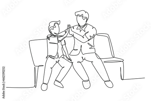 Single continuous line drawing young happy father sitting relax on wood bench next to his kid and giving high fives gesture. Parenting family concept. One line draw graphic design vector illustration