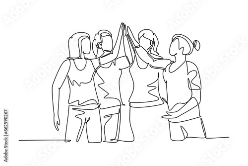 Single one line drawing group of happy women giving high five gestures after doing some aerobic exercise at gymnasium together. Fitness concept. Continuous line draw design graphic vector illustration