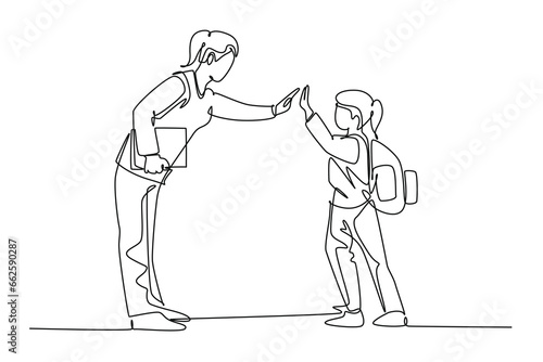 Single one line drawing female teacher meet one of her student at school and giving high five gesture. School education activity concept. Modern continuous line draw design graphic vector illustration