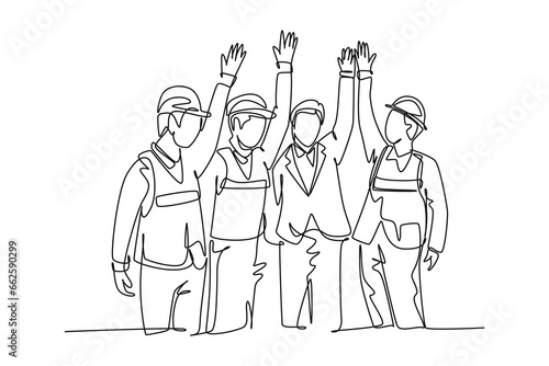 Single one line drawing construction workers and foreman with vest and helmet celebrate their successive build. Building construction concept. Continuous line draw design graphic vector illustration