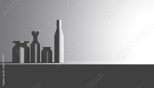Black and white bottles on the shelf for backgrond kitchen ideas. Black and whit background.
