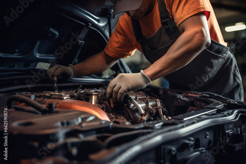 A mechanic in a workshop diagnoses and repairs the engine and car systems. Car repair and diagnostics in the garage. Modern car service. Brutal worker mechanic.