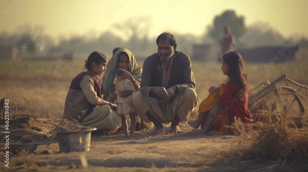 Poor Indian family in rural area near Allahabad, Uttar Pradesh, India.full ultra HD, High resolution - obrazy, fototapety, plakaty 