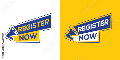 Register now label badge with megaphone vector graphic