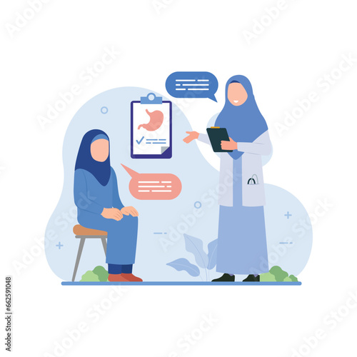 Doctor telling patient about stomach disease vector illustration. Medical concept for banner, website design or landing web page