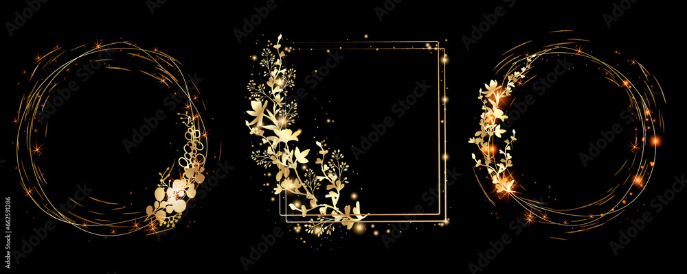 Gold sparkle splatter border . Gold Foil Frame Gold brush stroke.Golden botany frame. - obrazy, fototapety, plakaty 