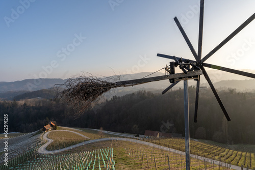 Windmill and heart formed street in the sunset