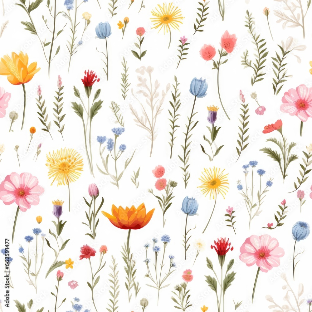 Flat lay. Summer flowers on white background. Seamless Pattern.