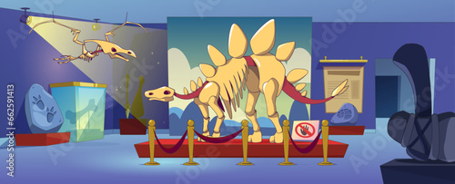 Museum exhibit with stegosaurus dinosaur fossil. Pterodactyl animal skeleton and ancient dino footprint exposition on pedestal in paleontology jurassic display hall. Room with archeology artefact