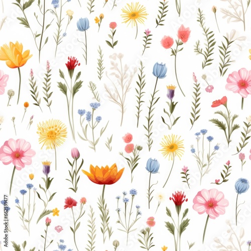 Flat lay. Summer flowers on white background. Seamless Pattern.