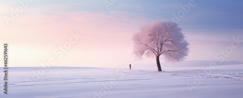 One people near the lonely poplar tree on the snowfield photo
