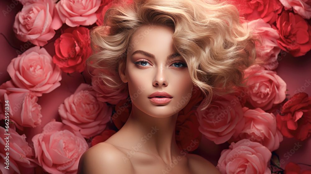 fashion caucasian vogue model with luscious, juicy lips and roses flower art