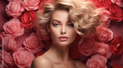 fashion caucasian vogue model with luscious, juicy lips and roses flower art