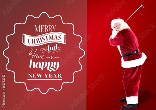 Composite of merry christmas and happy new year text over santa claus playing golf on red background