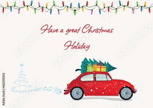 Illustration of red car with christmas tree and colourful lights with have a great christmas holiday