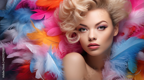 fashion caucasian vogue model with luscious, juicy lips and feather art