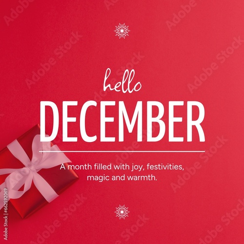 Composite of hello december text over christmas decorations on red background