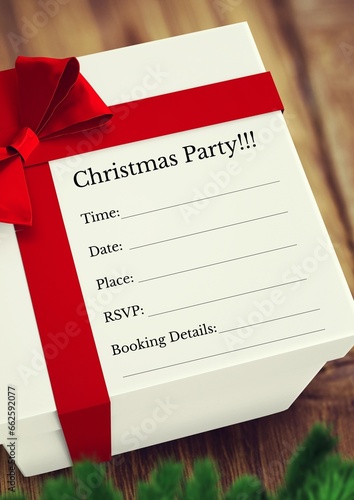 Christmas present box with christmas party, date, time, place, rsvp, booking details text