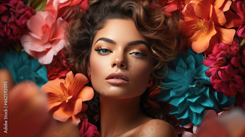 fashion caucasian vogue model with luscious  juicy lips and tropical flower art