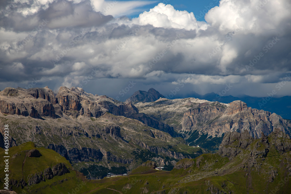 Panoramic view from the top of the Marmolada Glacier in summer mist, Dolomites,  South Tyrol, Italy.