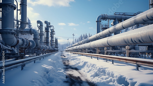 Snow-covered gas pipes and industrial processing of natural gas.