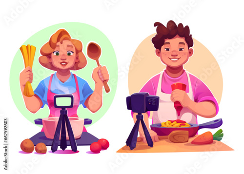 Set of food bloggers cooking on camera isolated on white background. Vector cartoon illustration of female, male characters recording video cook classes, filming vlog content, livestream from kitchen