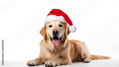 Merry Christmas and Happy New Year. Cute dog wearing Christmas Santa Claus hat.