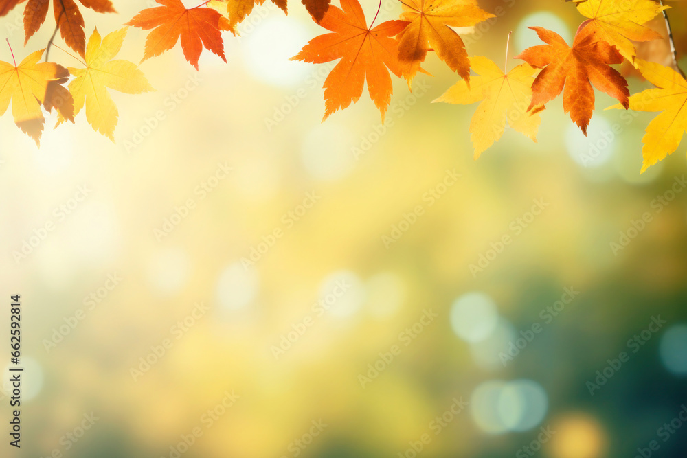 Naklejka premium Border fall maple leaves on autumn blurred background in golden hour, Copy space