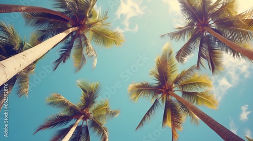 Tropical Serenity: Palm Trees Against Blue Sky. generative ai