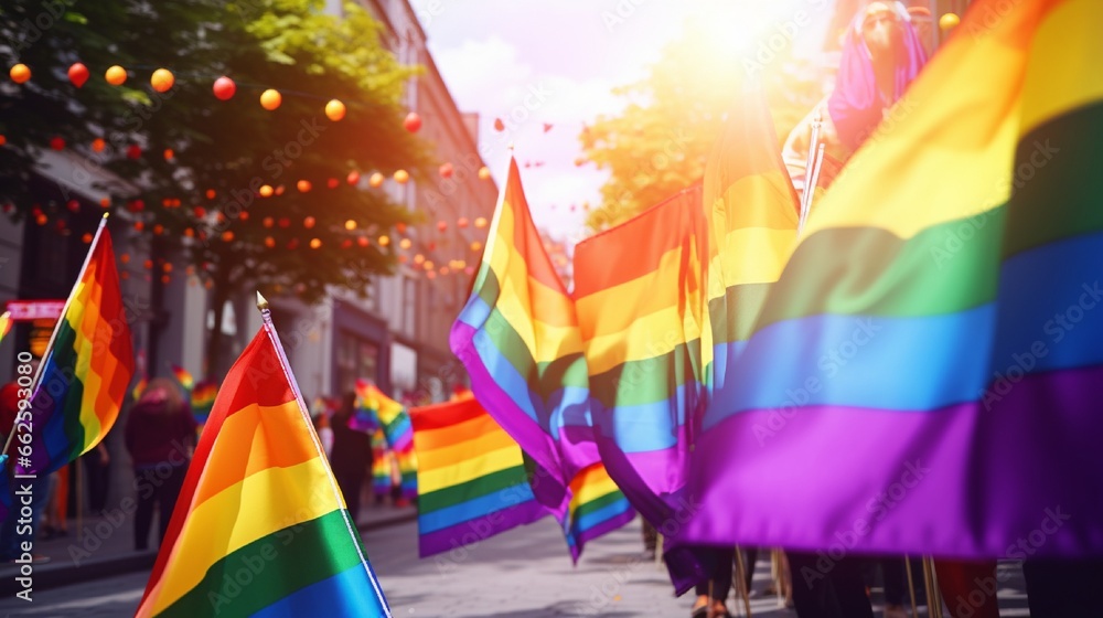 Pride Month 2024' on rainbow flags and street bokeh background, concept