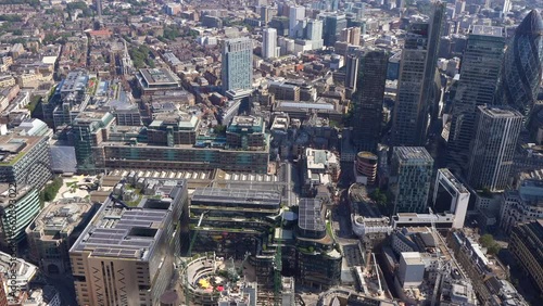 Aerial view of Broadgate and Liverpool Street Station onto the City of London towers. London, UK. photo