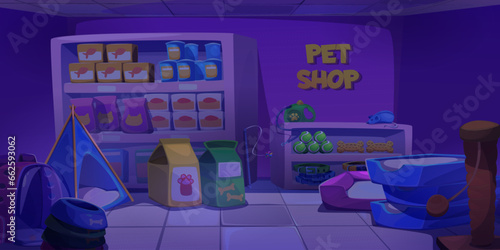Closed pet shop interior at night. Cartoon vector dark zoo store with care products and accessories for domestic animals. Racks with cat and dog food, houses and toys, counter with cash register.