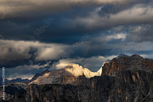 Panoramic view from the top of the Giau Pass, Dolomites, South Tyrol, Italy.
