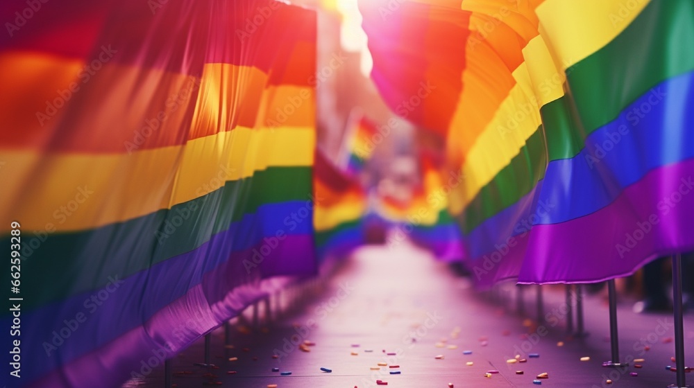 Pride Month 2024' on rainbow flags and street bokeh background, concept