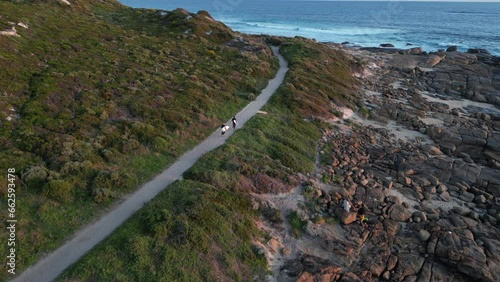 Aerial view: Two Surfer with surfboard entering ocean walking by path at sunset time in Australia 