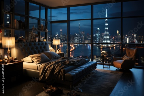 Luxury hotel bedroom at night, dark gloomy, A room with a view of the city from the bed antic color, generative ai 