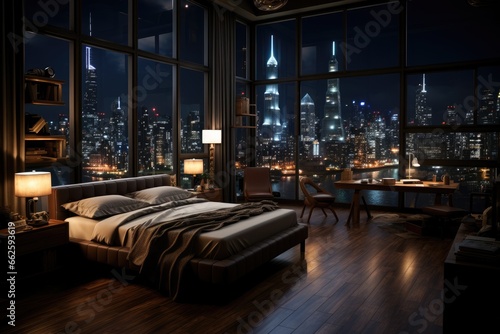 Luxury hotel bedroom at night, dark gloomy, A room with a view of the city from the bed antic color, generative ai 