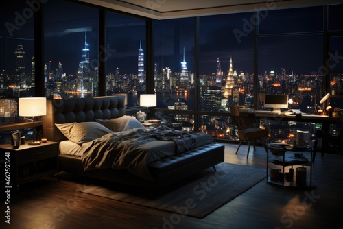 Luxury hotel bedroom at night  dark gloomy  A room with a view of the city from the bed antic color  generative ai 