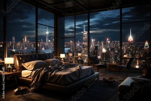 Luxury hotel bedroom at night, dark gloomy, A room with a view of the city from the bed antic color, generative ai  © Annulus Studio