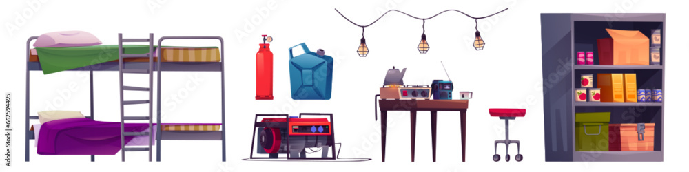 Bunker design elements isolated on white background. Vector cartoon illustration of bunk bed with ladder, fire extinguisher, fuel container, gas cooker, power generator, lamps, canned food on shelf Bunker design elements isolated on white background. Vector cartoon illustration of bunk bed with ladder, fire extinguisher, fuel container, gas cooker, power generator, lamps, canned food on shelf
