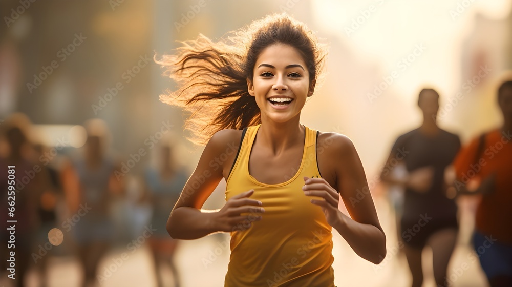 Energetic Female Runner in City Marathon. generative ai