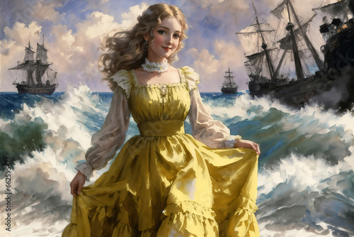 portrait of a beautiful girl posing on a stormy sea with big waves and ships