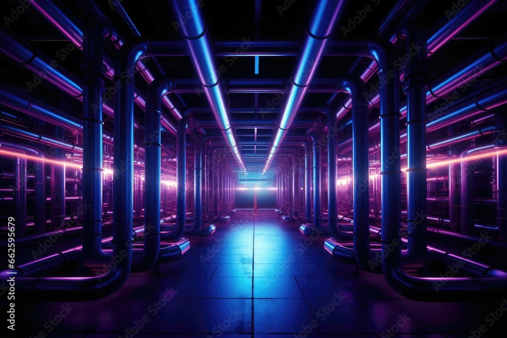 Fototapeta premium Labyrinth of pipes crisscross the dimly lit, underground chamber.