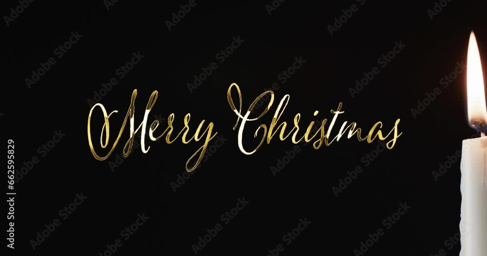 Animation of merry christmas text over candle on black background Animation of merry christmas text over candle on black background